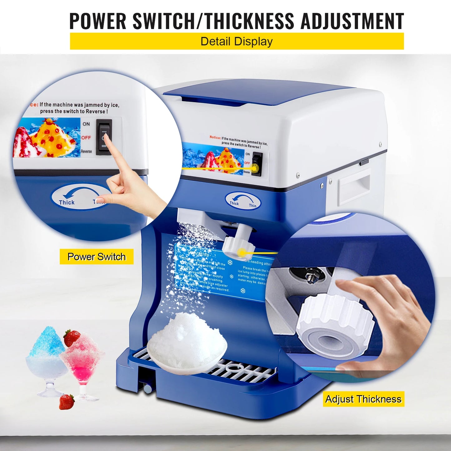 Ice Crusher - Schaaf ijsmachine - Slush Machine - 120kg Capaciteit - met Verstelbare Ijstextuur - 250W -   320 RPM - 29 x 39 x 43 cm - Blauw
