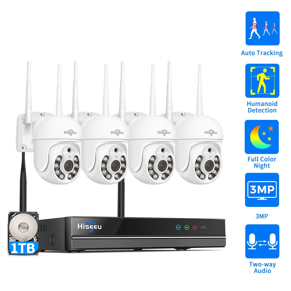 3MP PTZ Camera Bewakingsset – Draadloze Beveiligingscamera – CCTV Camerasysteem – Wifi Buitencamera – Bewakingscamera Met NVR – Full Color Nachtzicht – Automatische Bewegingstracking - QUORE