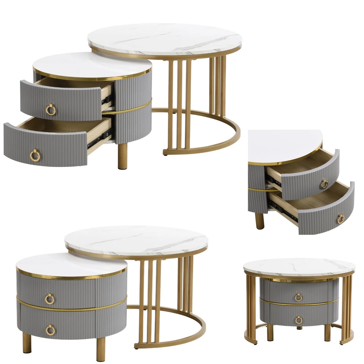 Salontafel – Koffietafel – Bijzettafel – Woonkamertafel – Rond – Set Van 2 – Met 2 Lades – MDF & Vurenhout – Groot 70x70x46 cm & Klein 50x50x40 cm