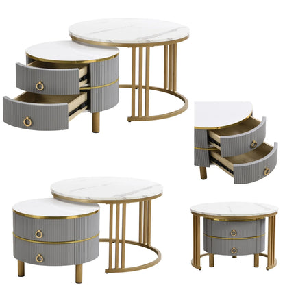 Salontafel – Koffietafel – Bijzettafel – Woonkamertafel – Rond – Set Van 2 – Met 2 Lades – MDF & Vurenhout – Groot 70x70x46 cm & Klein 50x50x40 cm