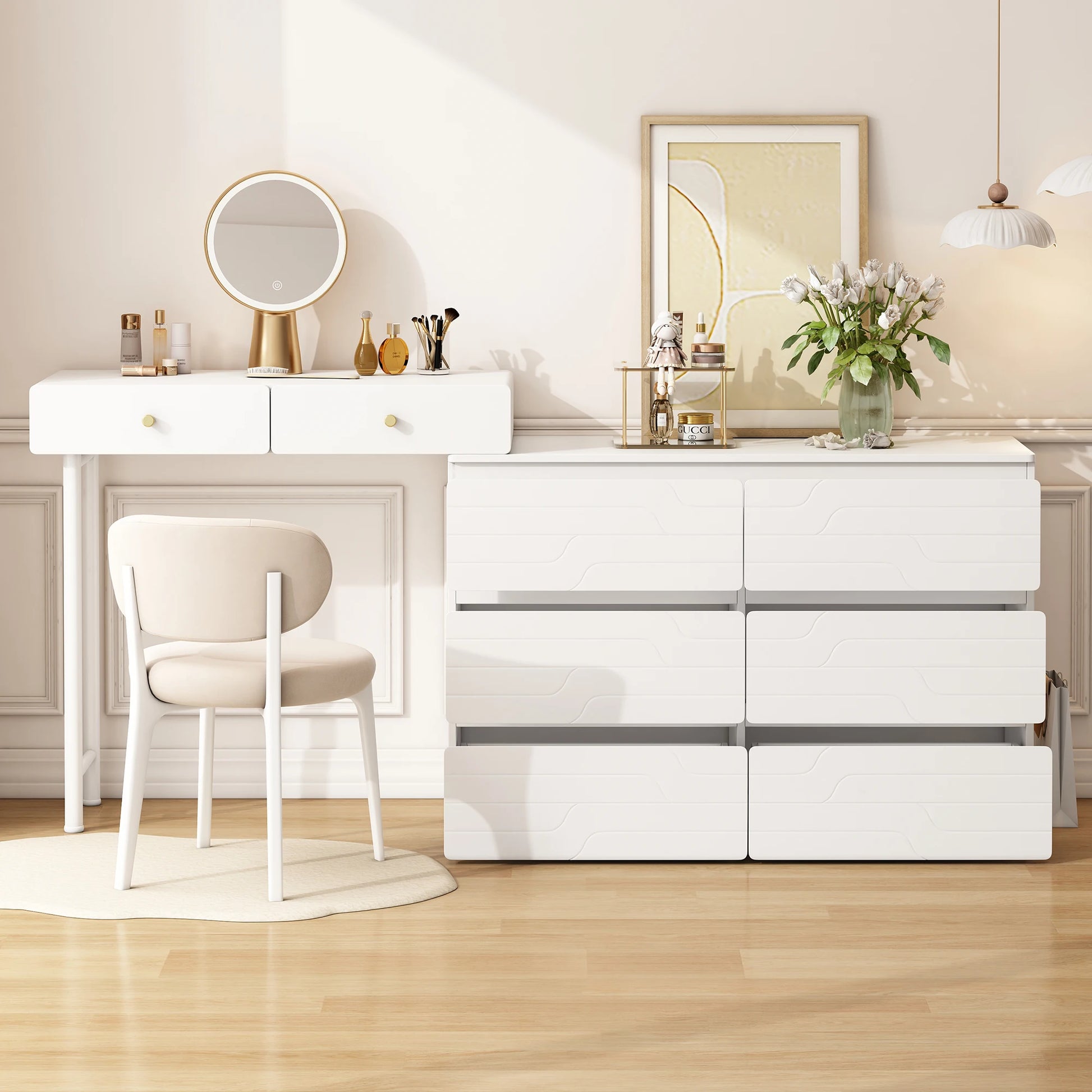 Kaptafel (Zonder Stoel en Spiegel) - Wit - Inclusief Uittrekbare Ladekast - Opbergkast 1804085cm - Drie Niveaus - Zes Lades - QUORE