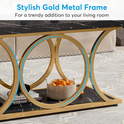 Salontafel – Coffee Table – Tafel – Woonkamertafel – Rechthoekige Tafel – Nep-Marmer Look – Verstelbare Pootjes - 120 x 60 x 48 cm - Zwart
