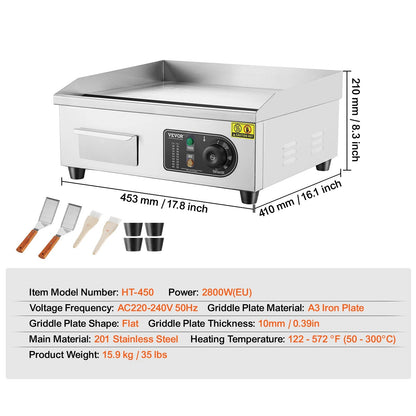 Elektrische Grillplaat - 2800W – Grillplaat - Teppanyaki Grill - Roestvrij Staal – 50-300°C Temperatuurregeling – 18 inch - Voor Horeca - en Thuisgebruik - Ruim Bakoppervlak
