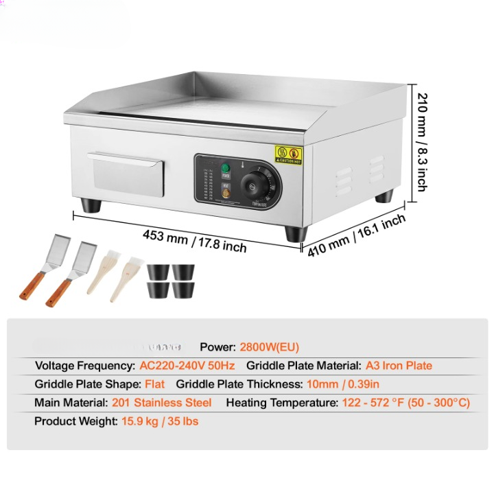 Elektrische Grillplaat - Grillplaat - Teppanyaki Grill - voor Horeca - Thuisgebruik - Ruim Bakoppervlak - 50-300°C Temperatuurregeling - AC 220-240V - 50Hz - 2800W - 18 inch - RVS - Zilver