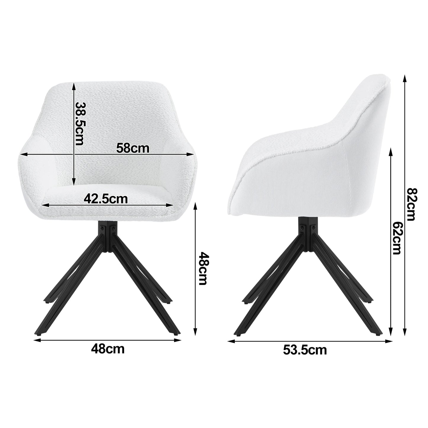 Draaistoel - Draaibare Eetkamerstoelen – Set van 2 – Ergonomische Corduroy Stoelen met Armleuningen – Comfortabele Keuken- & Loungestoelen – 360° Draaiend – Stabiel & Modern Design - 58x53.5x82cm - Donkergrijs