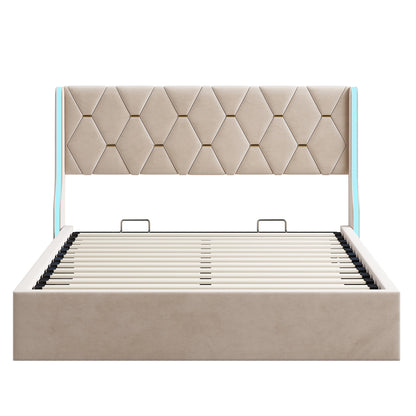 Comanlai 140x200cm/160x200cm Hydraulic Storage Bed,Upholstered Bed with Headboard,Headboard with LED Lights,Double Bed,Flannel