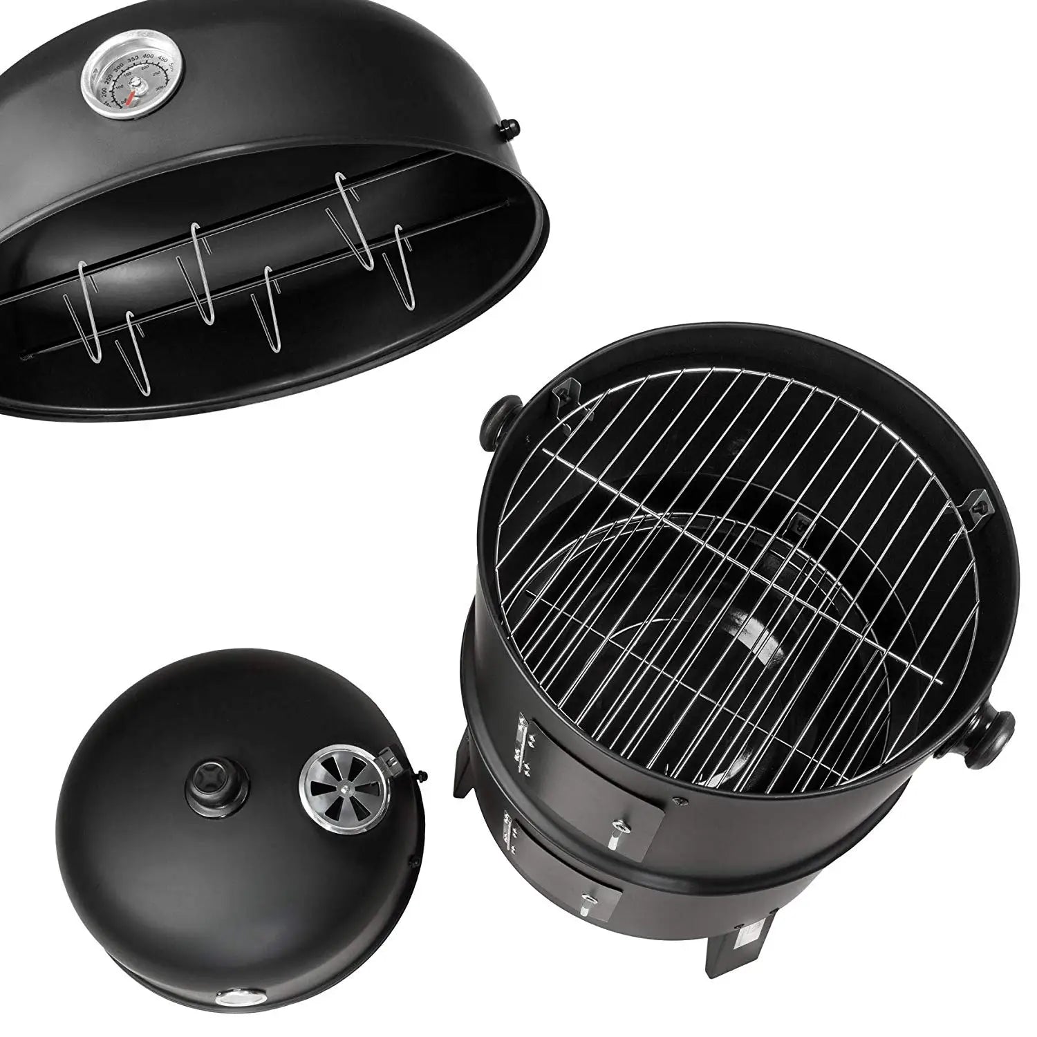 3 in 1 Barbecue - Houtskool Grill - BBQ - Smoker - Met Thermometer - Roken, grillen en Koken - Diameter 41 CM - Zwart - - QUORE