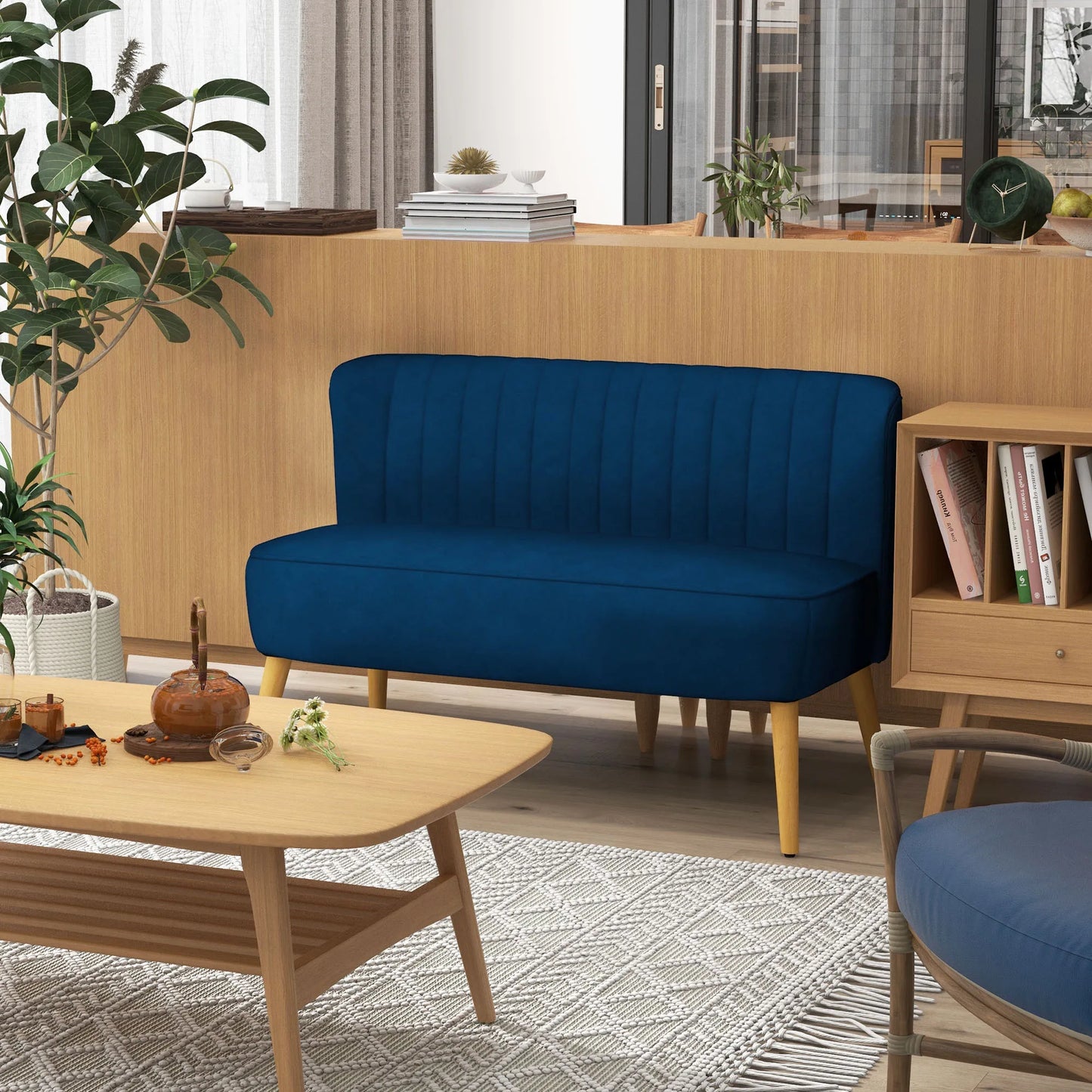 Tweezitsbank – Tweezitssalon – Bank Voor Twee – Loungebank – Minimalistisch Scandinavisch Design – Fluweelzachte Polyester Bekleding – Stevige Houten Poten