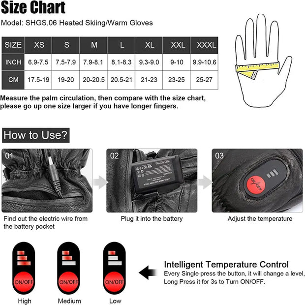 Heated Gloves - Electric Gloves - Rechargeable Heated Gloves Electric Waterproof Gloves - Leather Sheepskin - for Motorcycle, Hiking Gloves, Outdoor Sports, Winter - Medium
