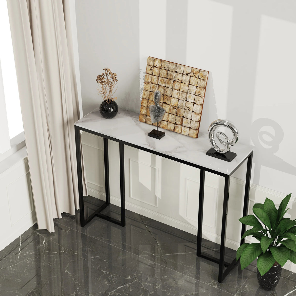 Tafel - Consoletafel - Haltafel - Marmer Look - Luxe Bijzettafel - voor Woonkamer - Hal - Slaapkamer - 100x30x78.5cm - Wit & Zwart