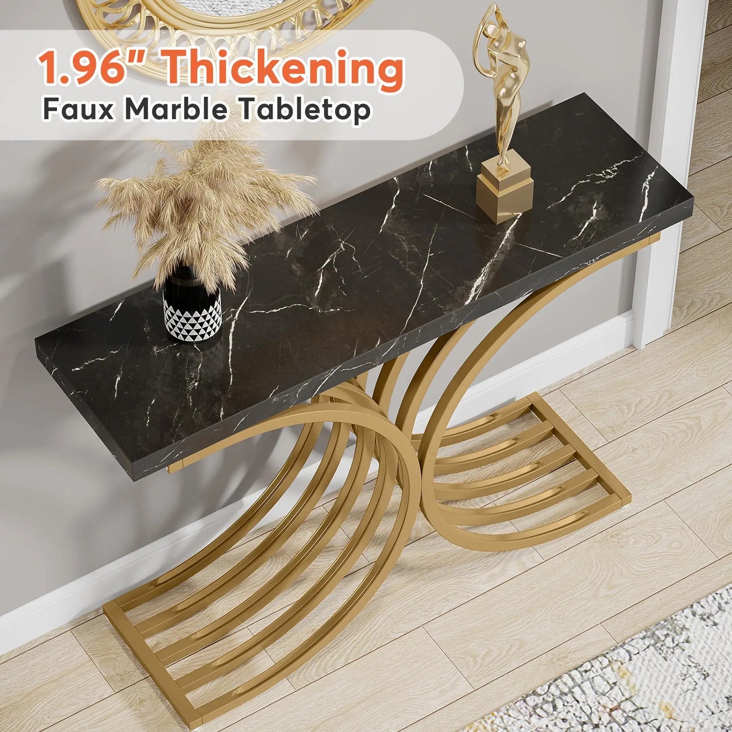 Sidetable – Haltafel – Bijzettafel – Smalle Tafel – Neoklassiek Design – Massief Houten Blad – Metalen Frame - QUORE