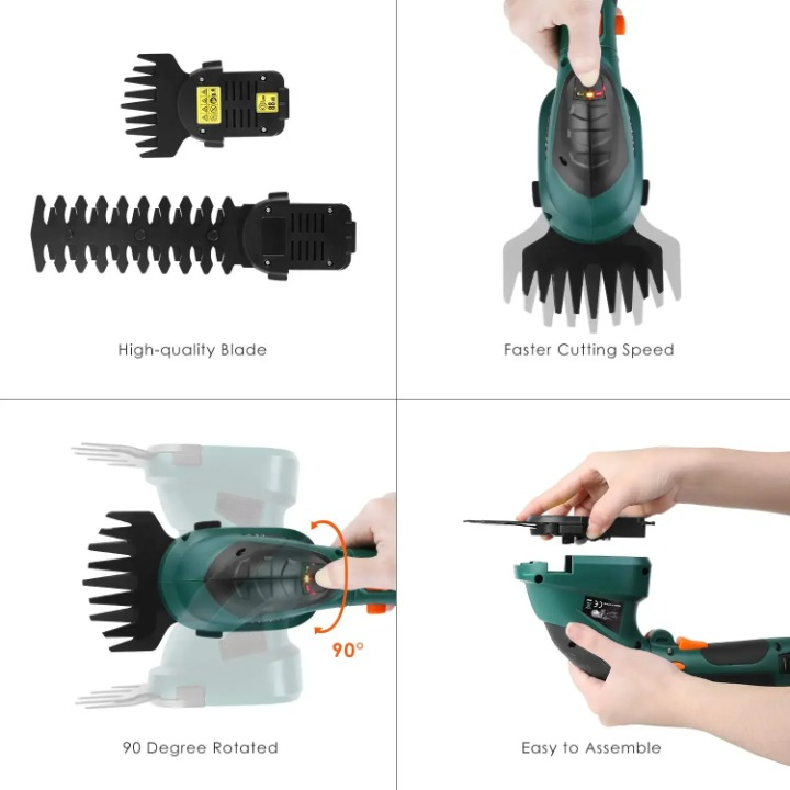 2 in 1 Accuheggenschaar - Tuingereedschap - Struiktrimmer - 17cm Zwaardlengte - met Verlengstok - Wielen - Adapter - voor het Snijden - Trimmen - Nauwkeurige Snit - 1.5Ah - 1100rpm - 7.2Vdc - Groen