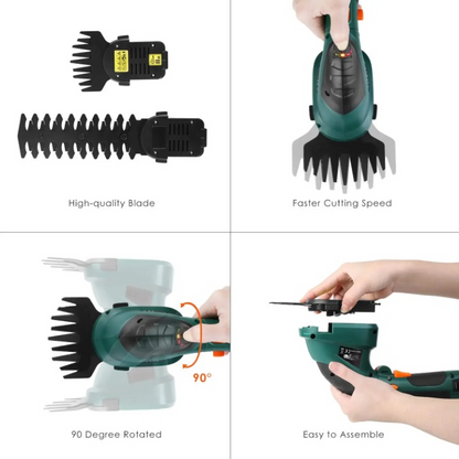 2 in 1 Accuheggenschaar - Tuingereedschap - Struiktrimmer - 17cm Zwaardlengte - met Verlengstok - Wielen - Adapter - voor het Snijden - Trimmen - Nauwkeurige Snit - 1.5Ah - 1100rpm - 7.2Vdc - Groen
