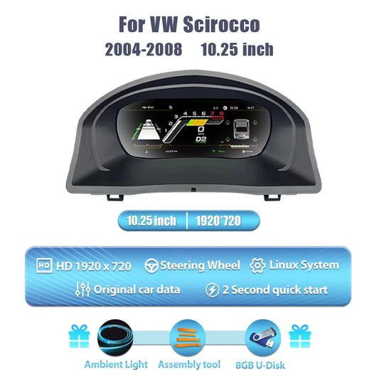 Digitale Dashboard – Digitaal Instrumentenpaneel – LCD Cluster – Auto Display – Scirocco 04-08 Variant – 10,25 Inch HD IPS Scherm – Linux Systeem Snelle Start