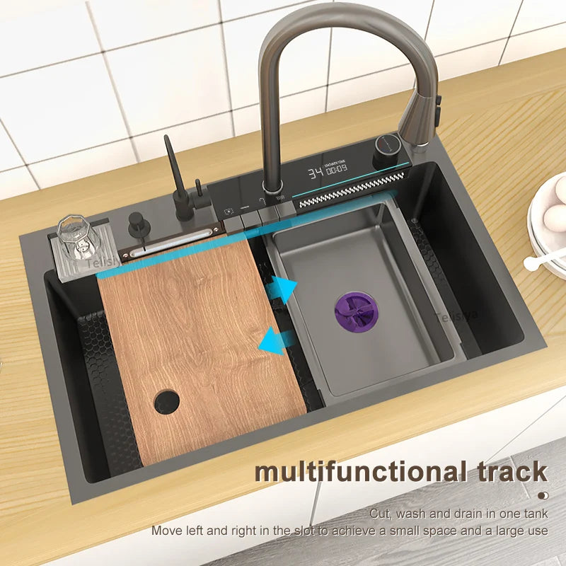 Stainless Steel Kitchen Sink WIth Waterfall Faucet Integrated Digital Display Embossed Washing Basin For Kitchen