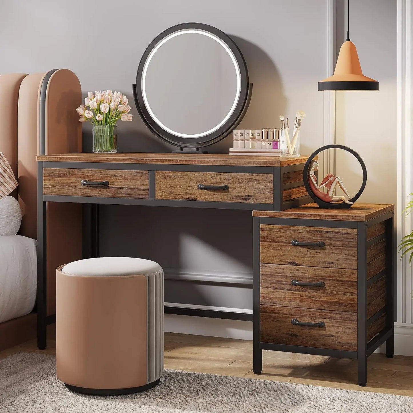 Make-up Tafel – Visagie Tafel – Schoonheidstafel – Beauty Tafel – Kaptafel – Bruin Hout – 5 Lades + Zijlade – Compact Design - QUORE