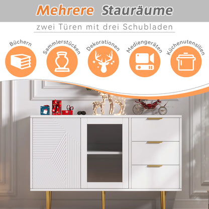 Opbergkast – Opbergmeubel – Kast Met Lades – Kast Met Glazen Deuren – 120 X 38 X 79,5 Cm – MDF En Metalen Poot - QUORE