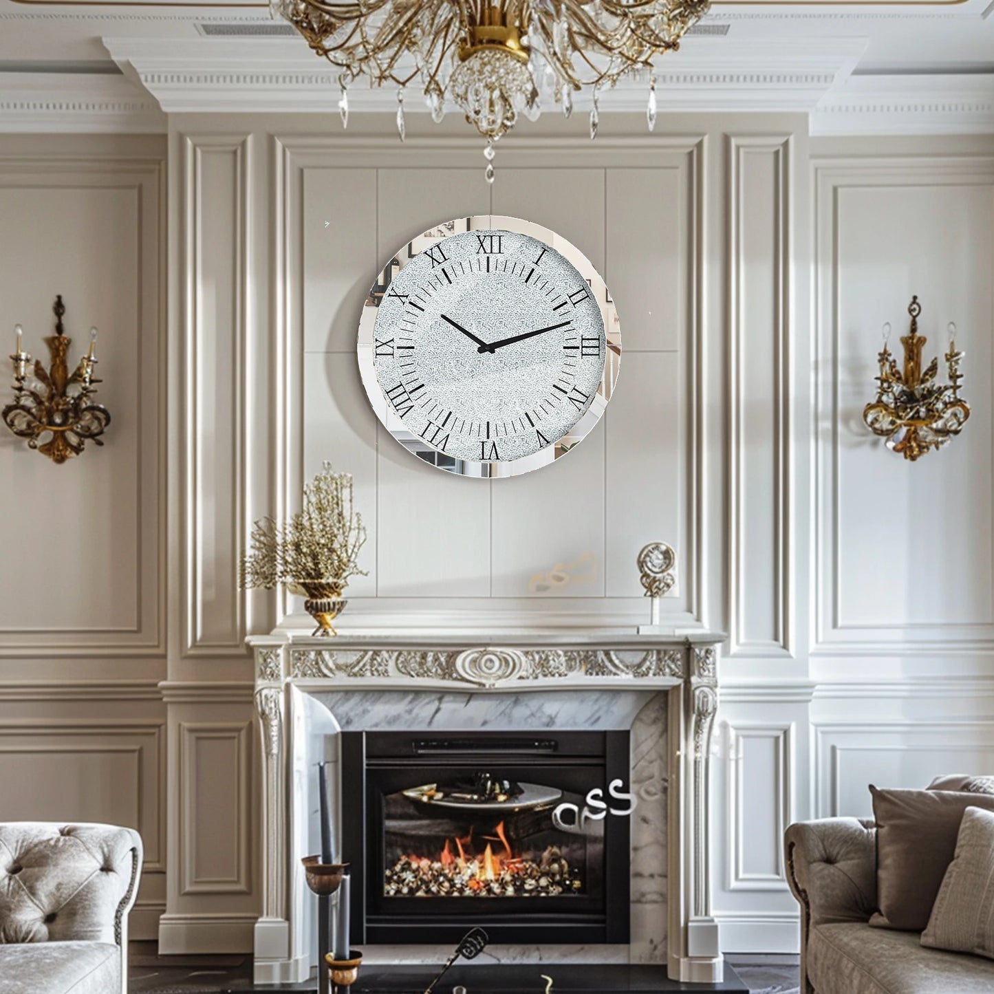 Ronde Wandklok – Kristallen Klok – Spiegelklok – Diamant Effect Klok – Zilveren Wandklok – Quartz Uurwerk – 60 cm Diameter