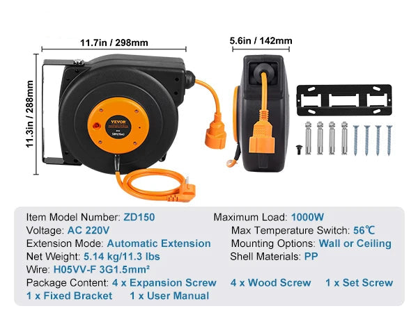 Automatische Kabelhaspel - Verlengkabel Haspel - Wandmontage Verlengkabel - Uittrekbare - met Oververhittingsbeveiliging - 1000W - Instelbare Kabelstop - 50ft-15m - QUORE