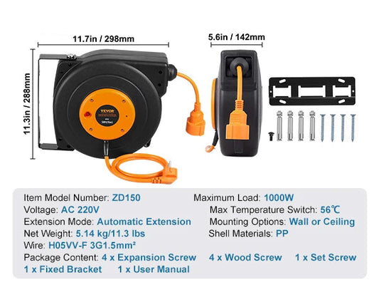 Automatische Kabelhaspel - Verlengkabel Haspel - Wandmontage Verlengkabel - Uittrekbare - met Oververhittingsbeveiliging - 1000W - Instelbare Kabelstop - 50ft-15m - QUORE
