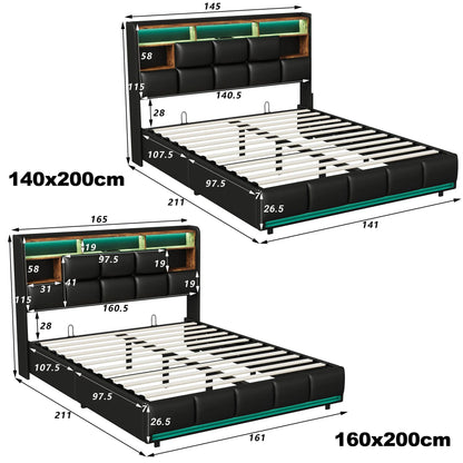 Opbergbed – Hydraulisch Bed – Opbergruimte Bed – LED Bed – USB Bed – Zwart PU Design – Maximale Belastbaarheid 340 Kg