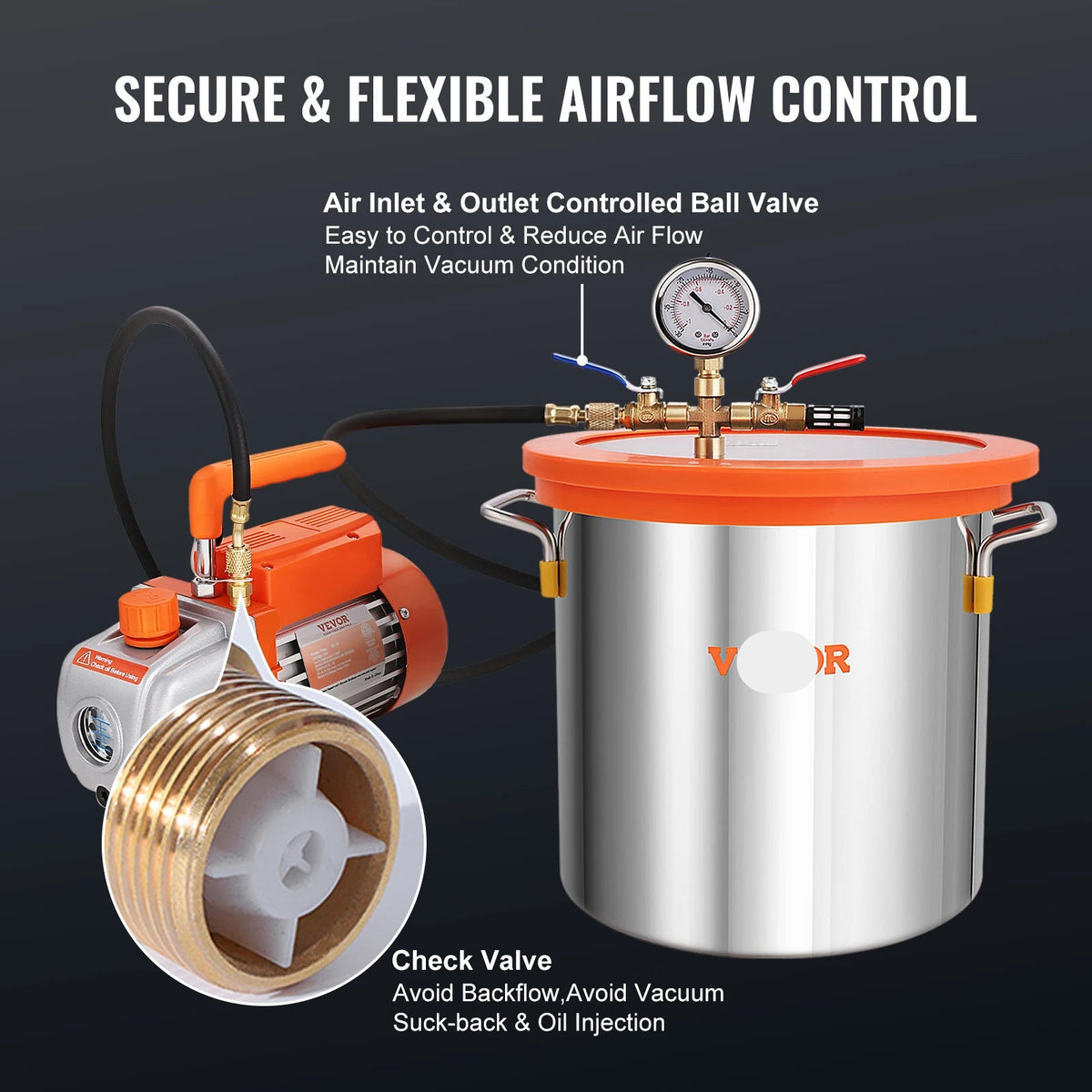 Vacuümpomp - Koelmiddel Vacuümpomp - Gereedschap voor koeling - 3.5CFM Vacuümpomp - enkeltraps - 5 Gallon Vacuümkamer - Deksel van gehard glas - voor het stabiliseren van houtontgassende Siliconen Epoxie - Oranje