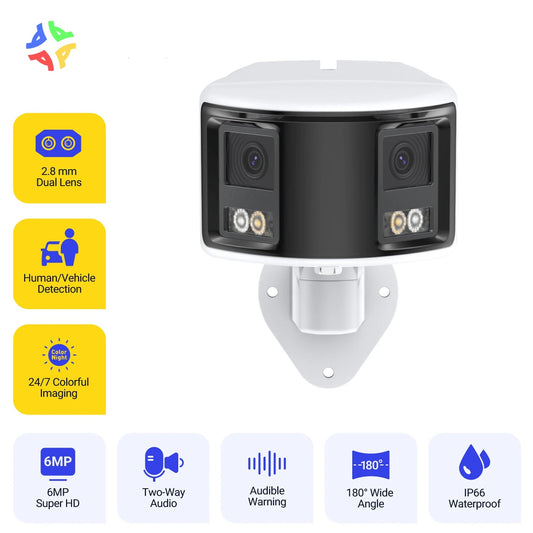 Beveiligingscamera -Bewakingscamera - Camera Met Verstelbare Dubbele Lens - H.264/H.265 - Bidirectionele audiobeveiliging - Voertuigdetectie - 5,0 megapixels - Wit - QUORE