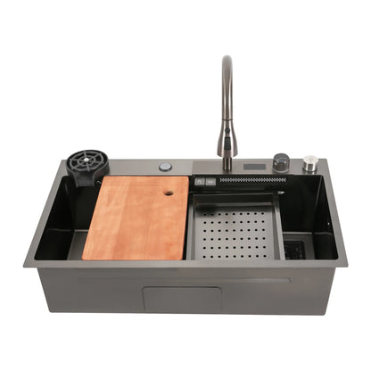 Ruime Keukenspoelbak – Dubbele Spoelbak – Werkstation Spoelbak – Keukenbak – RVS Spoelbak – Digitale Waterval Kraan – Uittrekbare Sproeikop – 80 x 46 cm – Nano Elektrolytische Coating