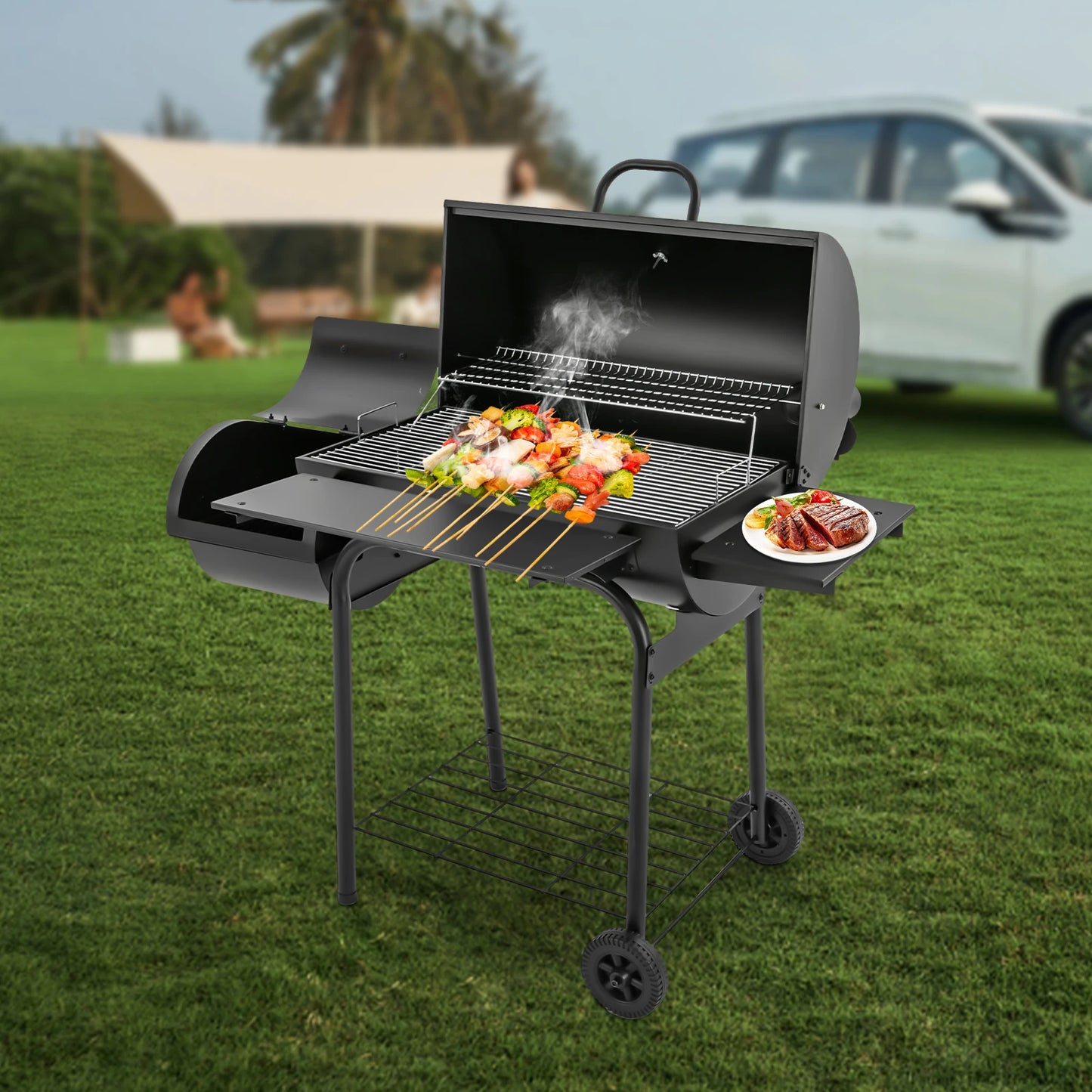 Houtskool BBQ – Barbecue – Grill – Buitenkeuken – Tuinbarbecue – 39x34 Cm Grilloppervlakte – Temperatuurmeter In Deksel
