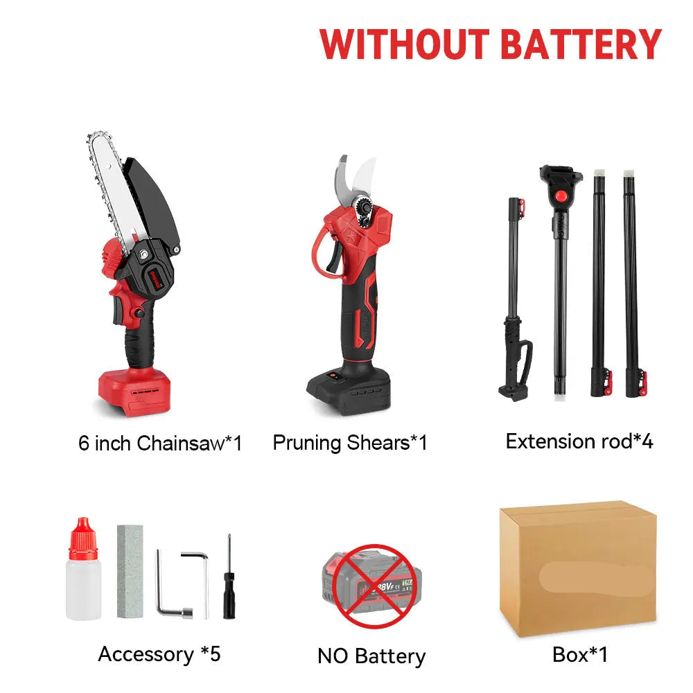 3-in-1 Snoeigereedschap - Accu Kettingzaag - Accu Snoeischaar - Telescopische Zaag -  Draadloze - 3500W - Lichtgewicht - Tuingereedschap - Zonder Accu - Rood - QUORE
