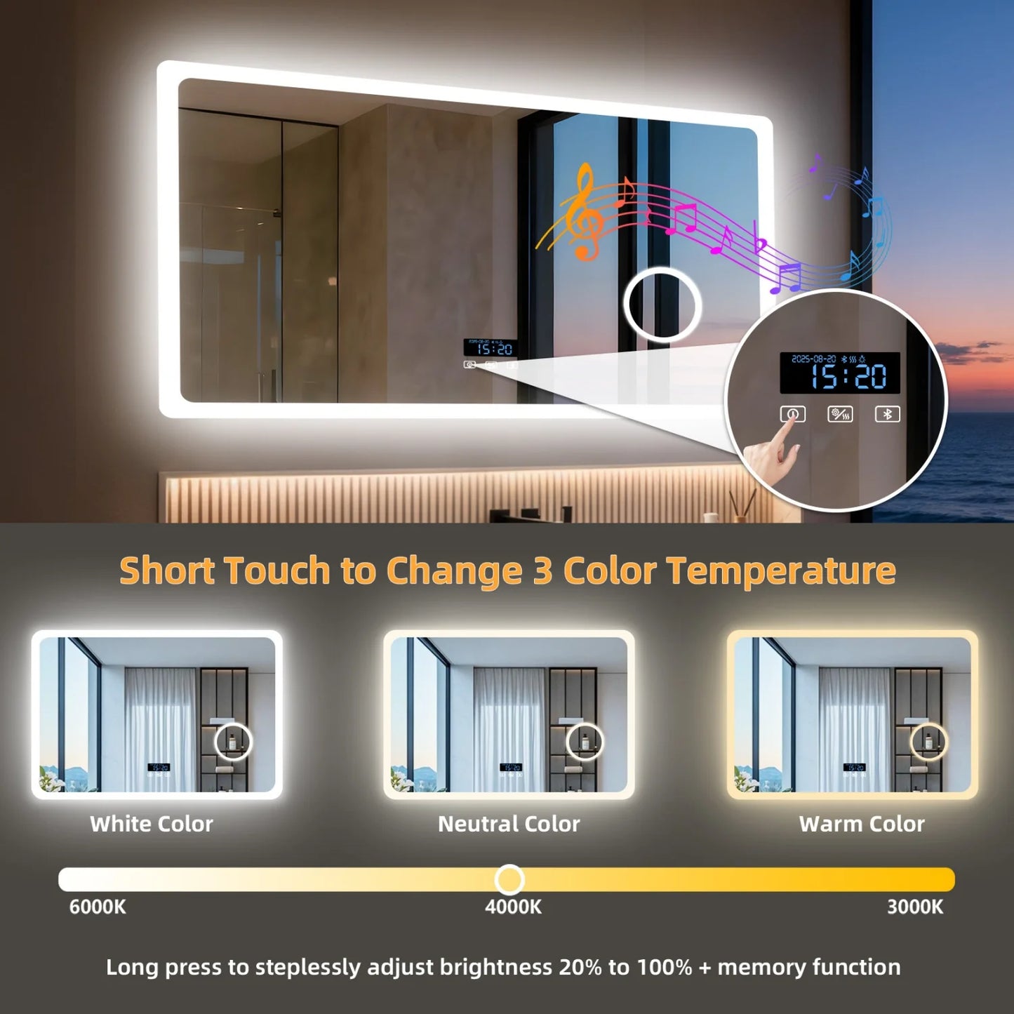 LED Badkamerspiegel – Spiegel – Make-up Spiegel – Verlichte Spiegel – Badkamer Spiegel – 80x60 cm – Bluetooth Speaker – Dimbare LED verlichting met 3x vergrootglas