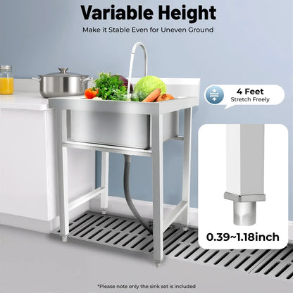Keukenspoelbak RVS – Spoelbak, Keukensink, Vrijstaande Spoelbak, Wasbak – Zilver – 1 Kom Met Hot & Cold Kraan – Grote Afmetingen 93x60x60 cm - QUORE