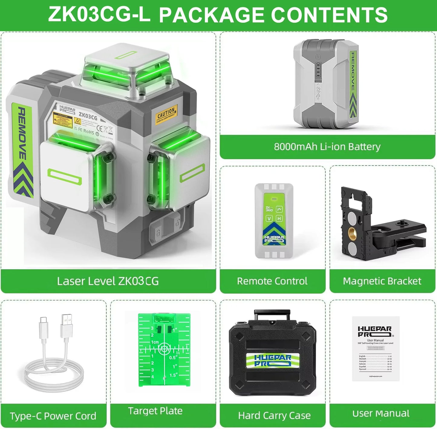 Laserniveau – Laserwaterpas – Kruislijnlaser – 3D Laser Level – Zelfnivellerend – 12 Lijnen – 8000mAh Li-ion Accu – IP54 Water- en Stofbestendig