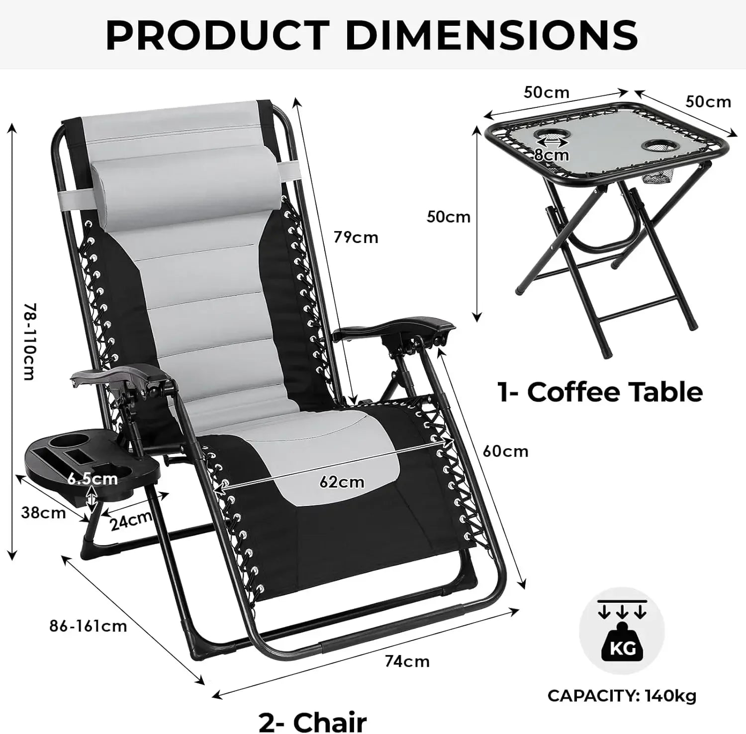Ligstoel - Tuinstoelen - Strandstoel - Opvouwbare Tuinstoelen met Tafel - Verstelbare Rugleuning 90°-160° - Brede Zitting en Hoofdkussen - Voor Tuin - Strand en Balkon - Zwart Grijs - QUORE