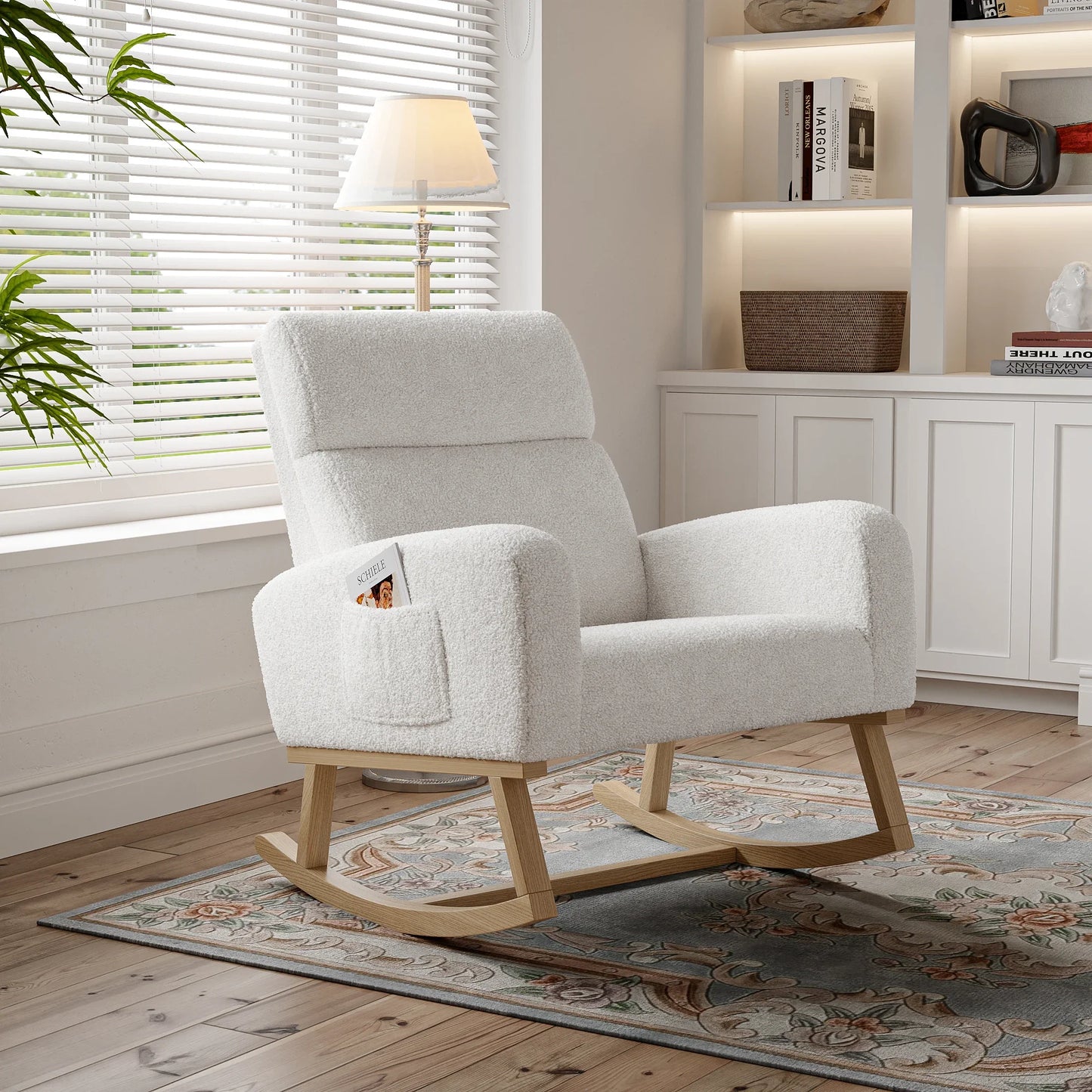 Schommelstoel – Relaxstoel – Fauteuil – Lounge Stoel – Ergonomische Stoel – Wit – Velvet Bekleding – Massief Hout & Metaal