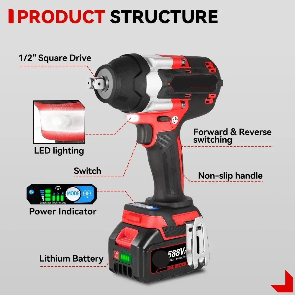 Slagmoersleutel - met Accu - Slagschroevendraaier - Brushless - Elektrische - Torque - 1800Nm Draadloze - 1/2 Inch - 18V Batterij - Handgereedschap - 2 Batterij en Kunststof Doos