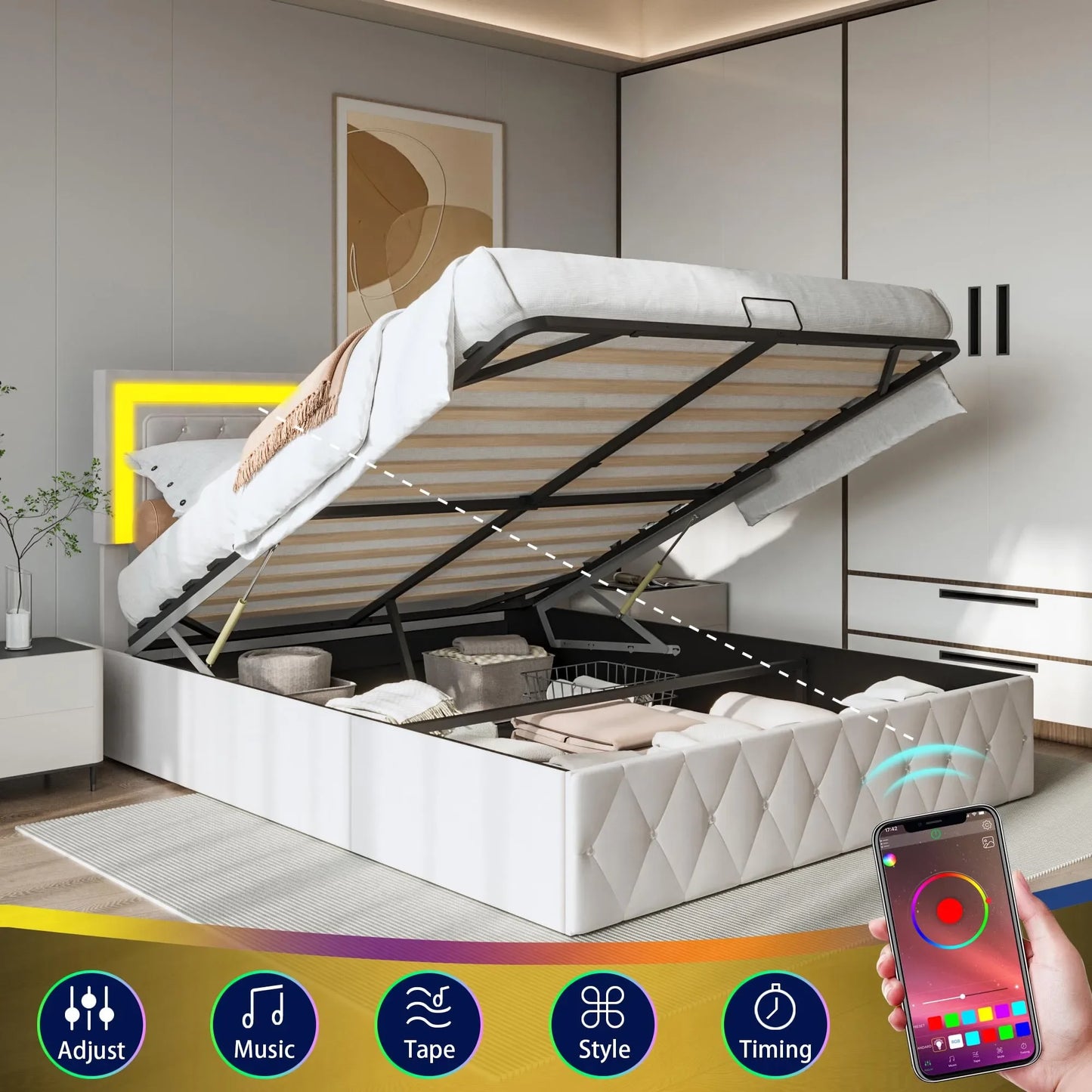 Bed – Bedframe – Opbergbed – Gestoffeerd Bed – Velvet Bekleding – LED-Verlichting – 300 Kg Draagvermogen - Ivoor - 180 x 200 cm