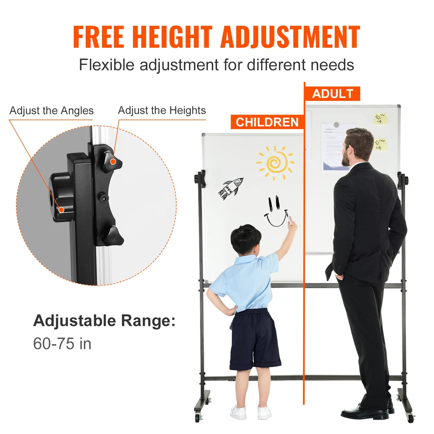 Mobiele Whiteboard – Magnetisch Bord – Draaibaar Whiteboard – Verplaatsbaar Whiteboard – Schoolbord – Dubbelzijdig Beschrijfbaar – Verstelbare Hoogte & Hoek - 48x32inch