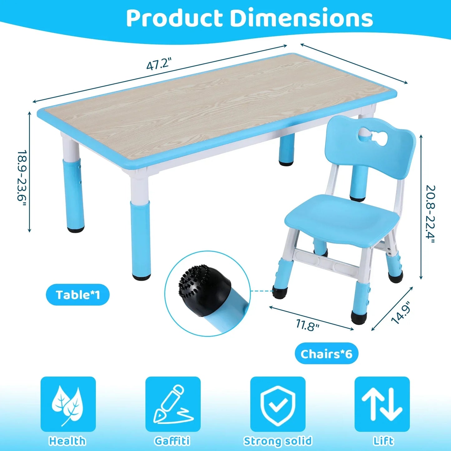 Kindertafelset – Kinderbureau – Speeltafel – Verstelbare Kindertafel – Kindertafel Met 6 Stuks Stoelen – Verstelbare Hoogte – Stevige MDF PVC Afwerking - Blauw - QUORE