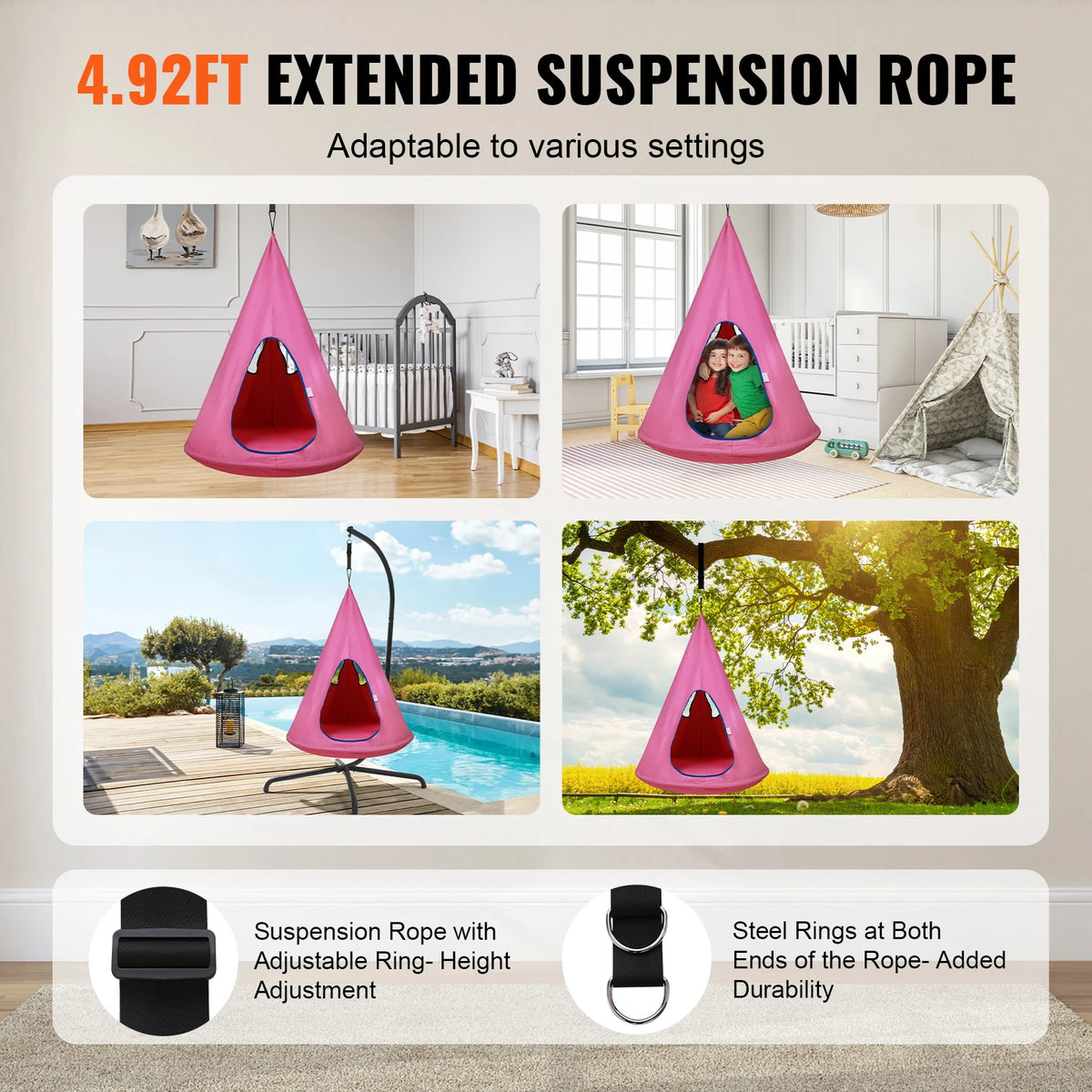 Hammock - Hammock for Two - Hanging Chair - Hamac - Hammock Chair - Kids Nest Swing Chair - Hanging Hammock Chair - with Adjustable Rope - for Children - Indoor and Outdoor Use - Pink