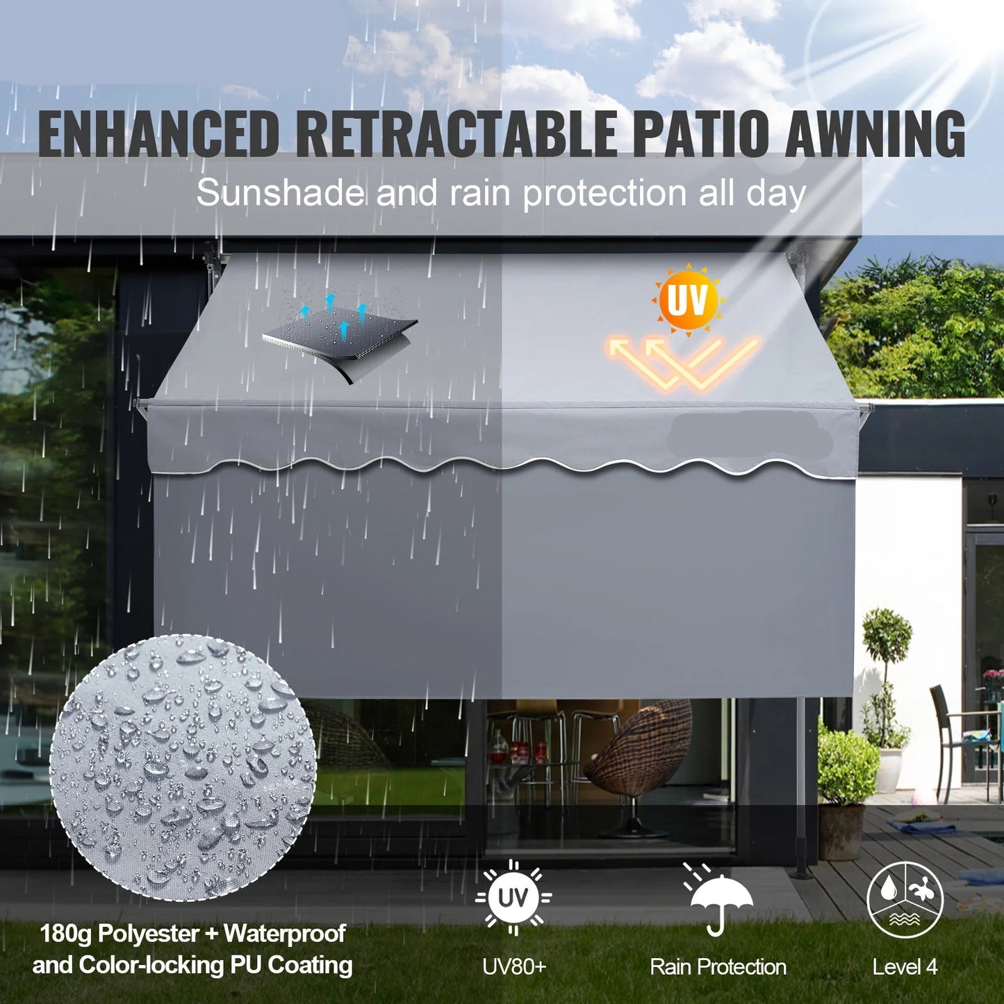 Klemluifel - Uitschuifbare Zonwering - Balkonluifel - 78 x 47inch - Handmatig Verstelbaar - Waterdicht & UV80+ Bescherming - Voor Tuin - Balkon en Terras