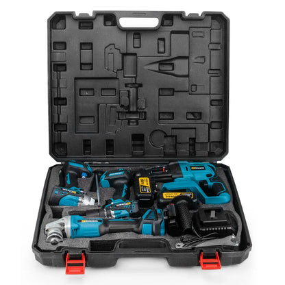 Accuboormachine - Accu Schroevendraaier - Boormachines - Accuboormachine - Slagmoersleutel, Haakse Slijper & Elektrische Boorhamer - 4-delige Brushless Gereedschap Set - QUORE