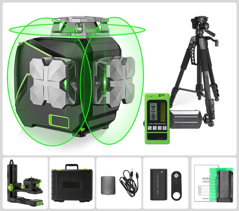 3D Cross Line Laser Waterpas – Laser Waterpas – Zelfnivellerend – Groene Laserlijnen – Bluetooth Bedienbaar – IP54 Bescherming – Oplaadbare Batterij - met Ontvangen - Statief