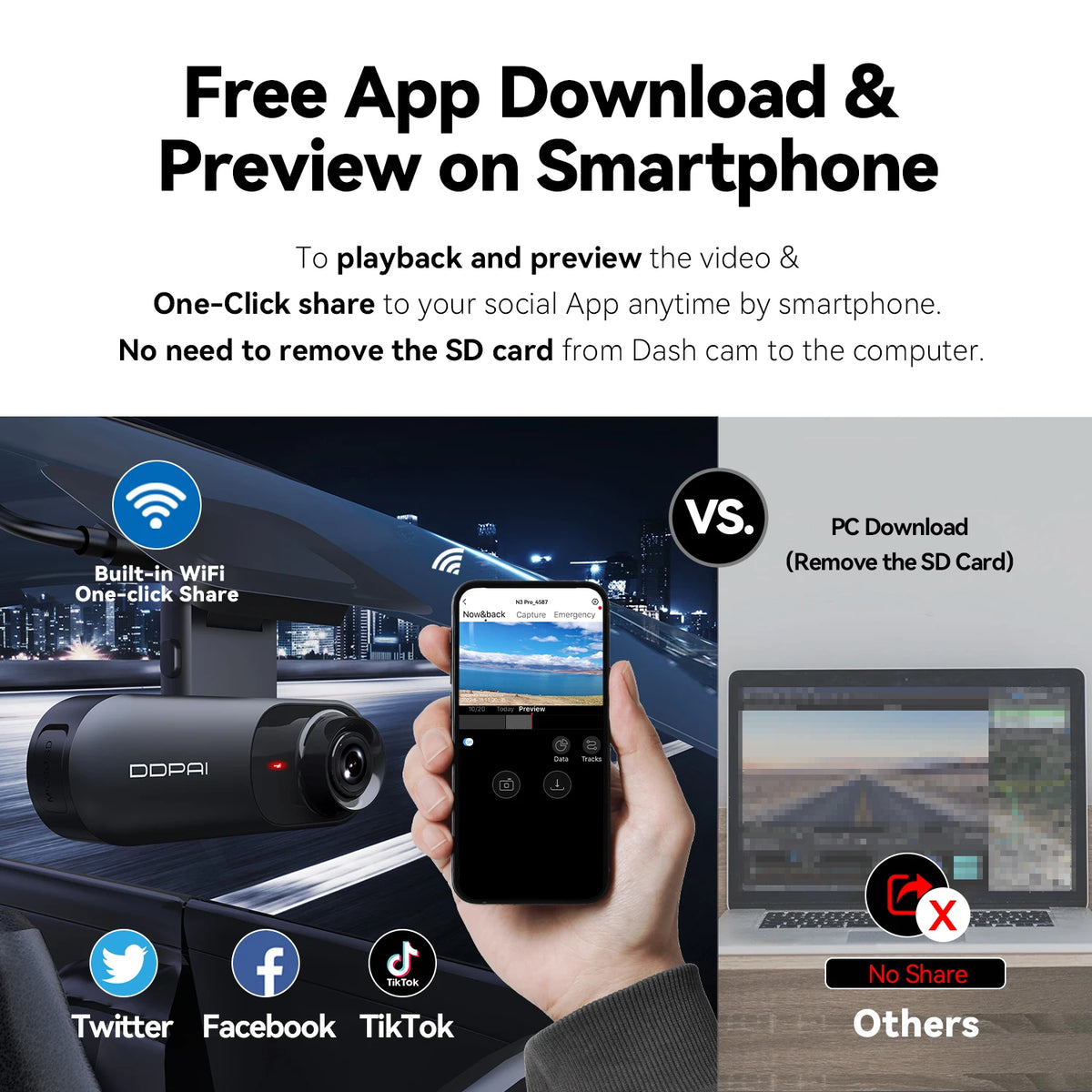 N3 Pro - Dashcam voor Auto - met GPS - Wifi - Dashcams - FullHD video - 1600P HD - Super compact - Zwart - QUORE