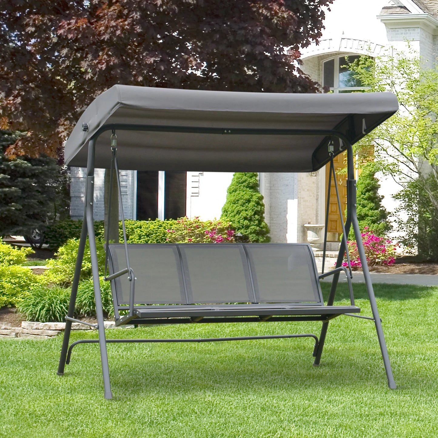 3-Zits Tuinswing met Dakzonwering - Verstelbare Rugleuning - Stalen Frame - Ademend - Grijs - QUORE