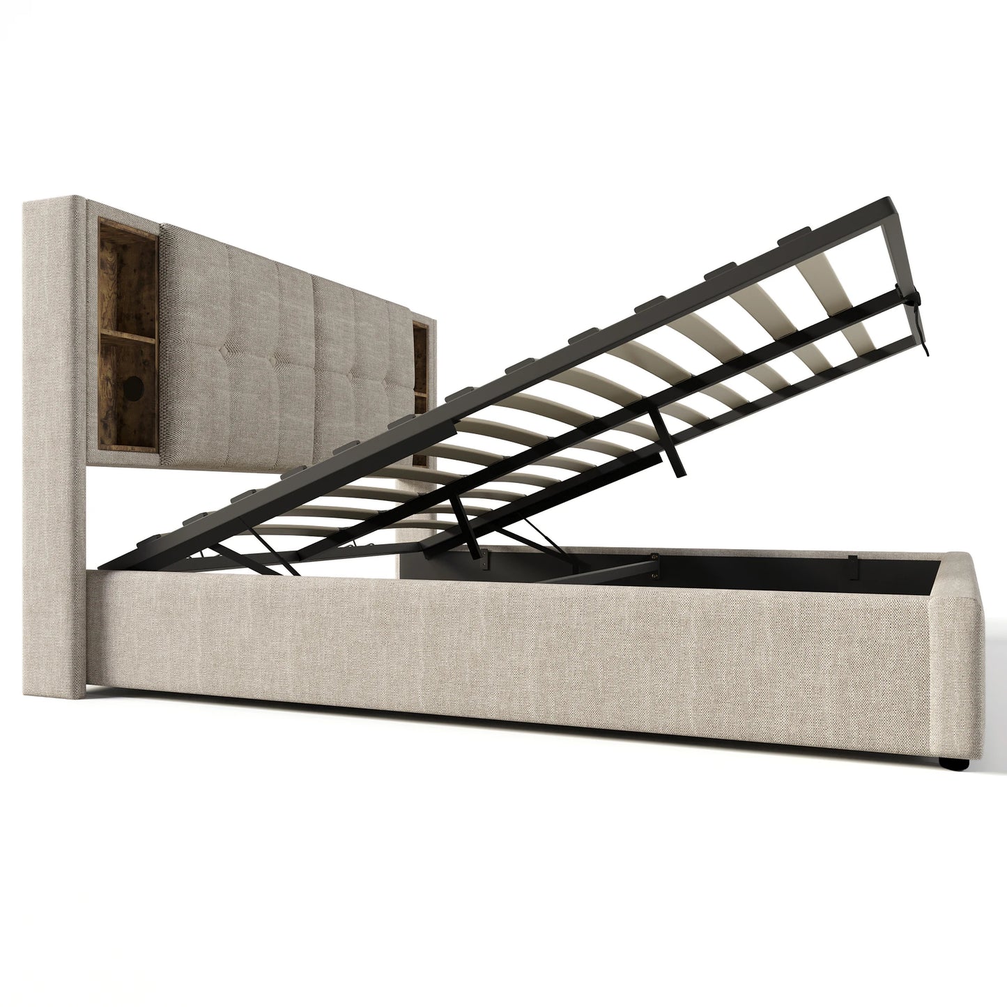 Tweepersoonsbed – Bedframe – Slaapbank – Bedombouw – Opbergbed – Beige Linnen Hoofdbord – Draadloze Oplader & USB-C – Houten Lattenbodem – 90x200 cm