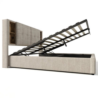 Tweepersoonsbed – Bedframe – Slaapbank – Bedombouw – Opbergbed – Beige Linnen Hoofdbord – Draadloze Oplader & USB-C – Houten Lattenbodem – 90x200 cm