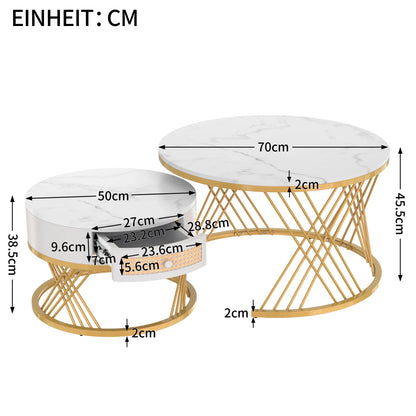 Salontafel – Koffietafel – Bijzettafel – Woonkamertafel – Tafeltje – Set Van 2 – MDF Met Marmerprint – Gouden Metalen Poten Met Lade