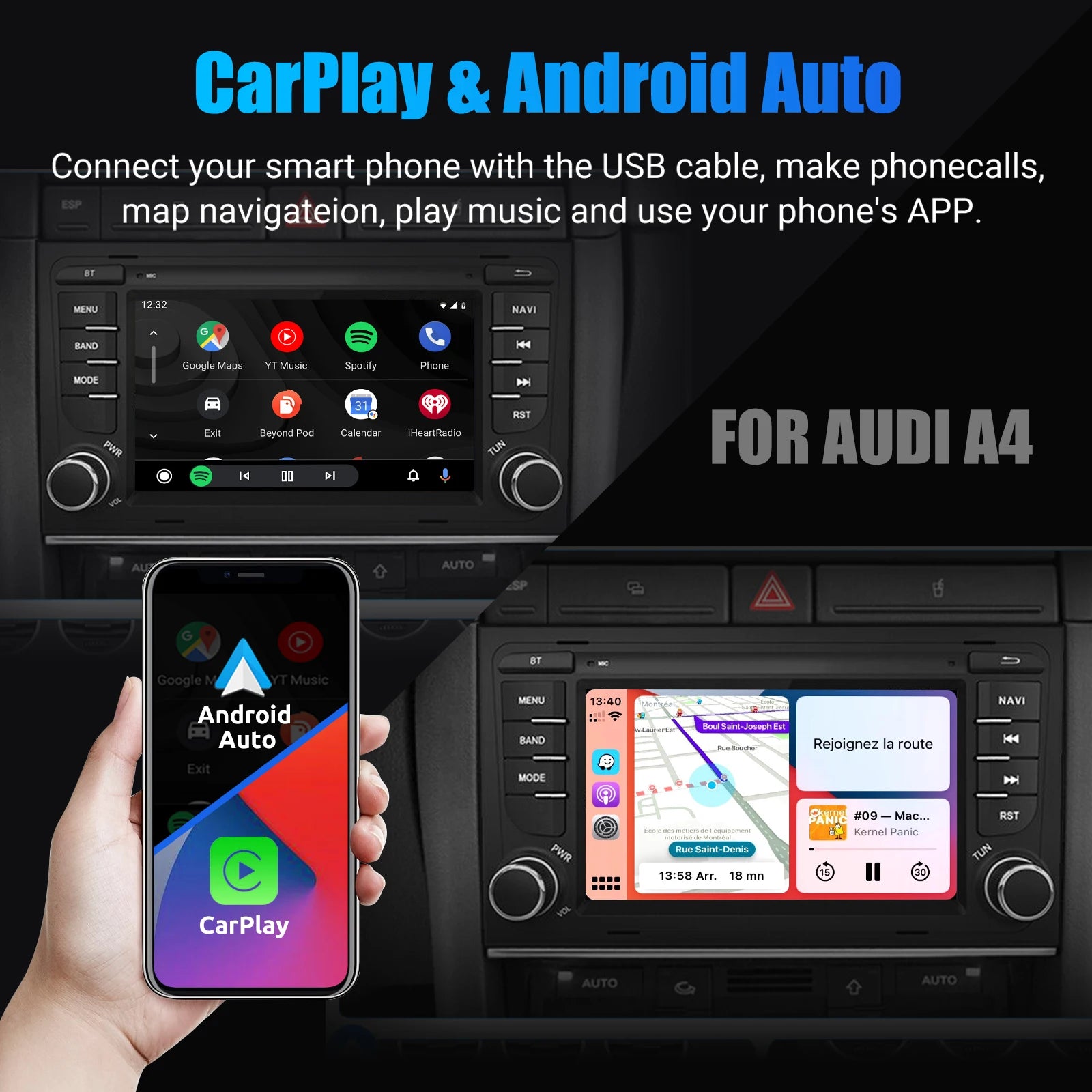 Multimedia Autoradio - Android Autoradio - Draadloze - Voor Audi A4/S4/RS4 (B6/B7) en Seat Exeo - CarPlay - GPS Navigatie - Bluetooth - 7" - Touchscreen - 32G - DAB - QUORE
