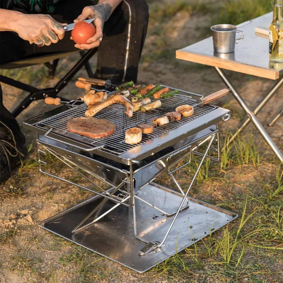 Opvouwbare Camping Vuurschaal - Draagbare Houtskoolgrill - Campvuur Grill - Verstelbare - BBQ-grill - RVS - voor Kamperen - en Buitenavonturen - Inclusief Draagtas
